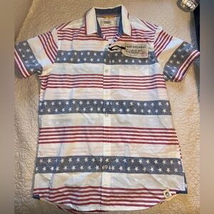 Free Planet Red and Blue Casual Button Down Shirt